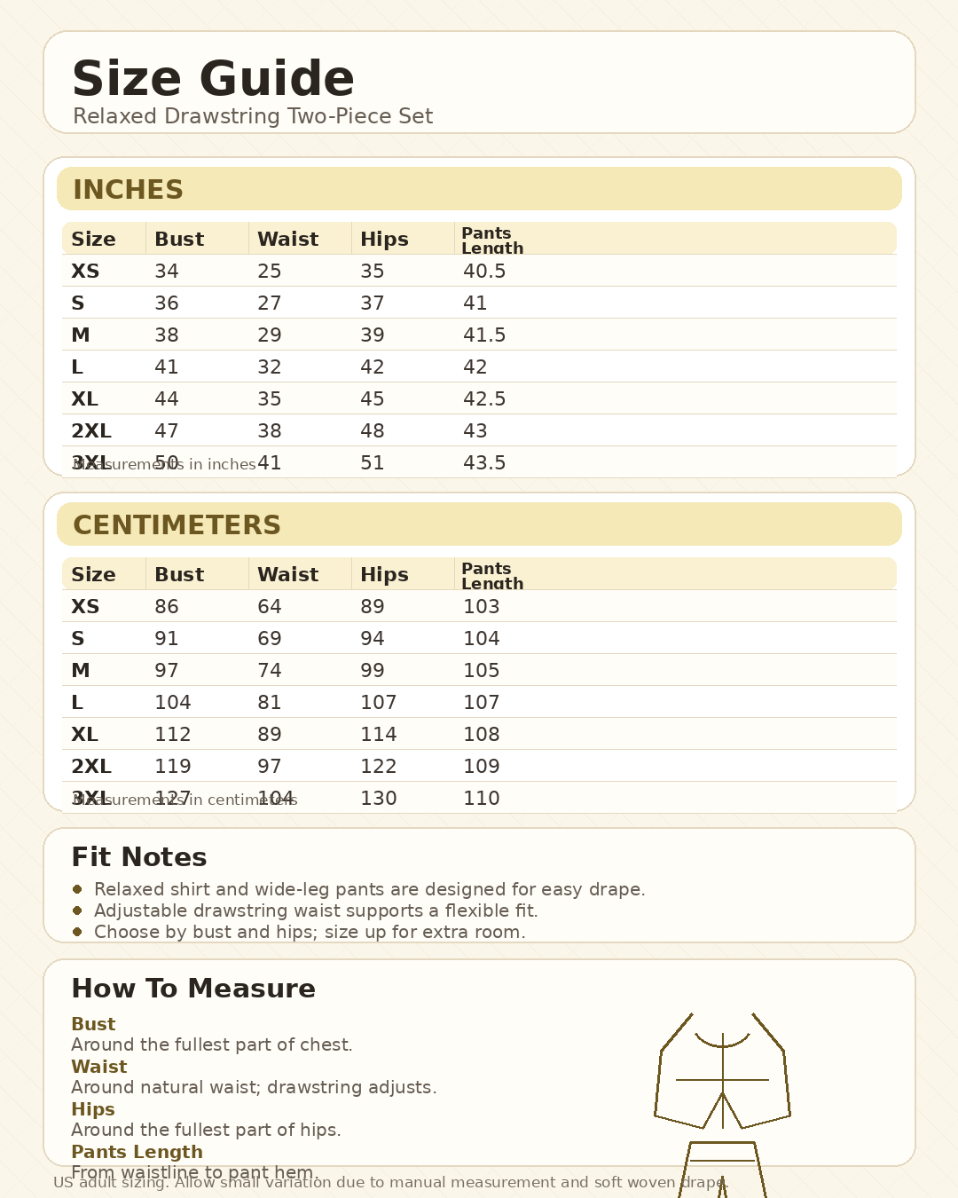 Size guide for relaxed drawstring two-piece set