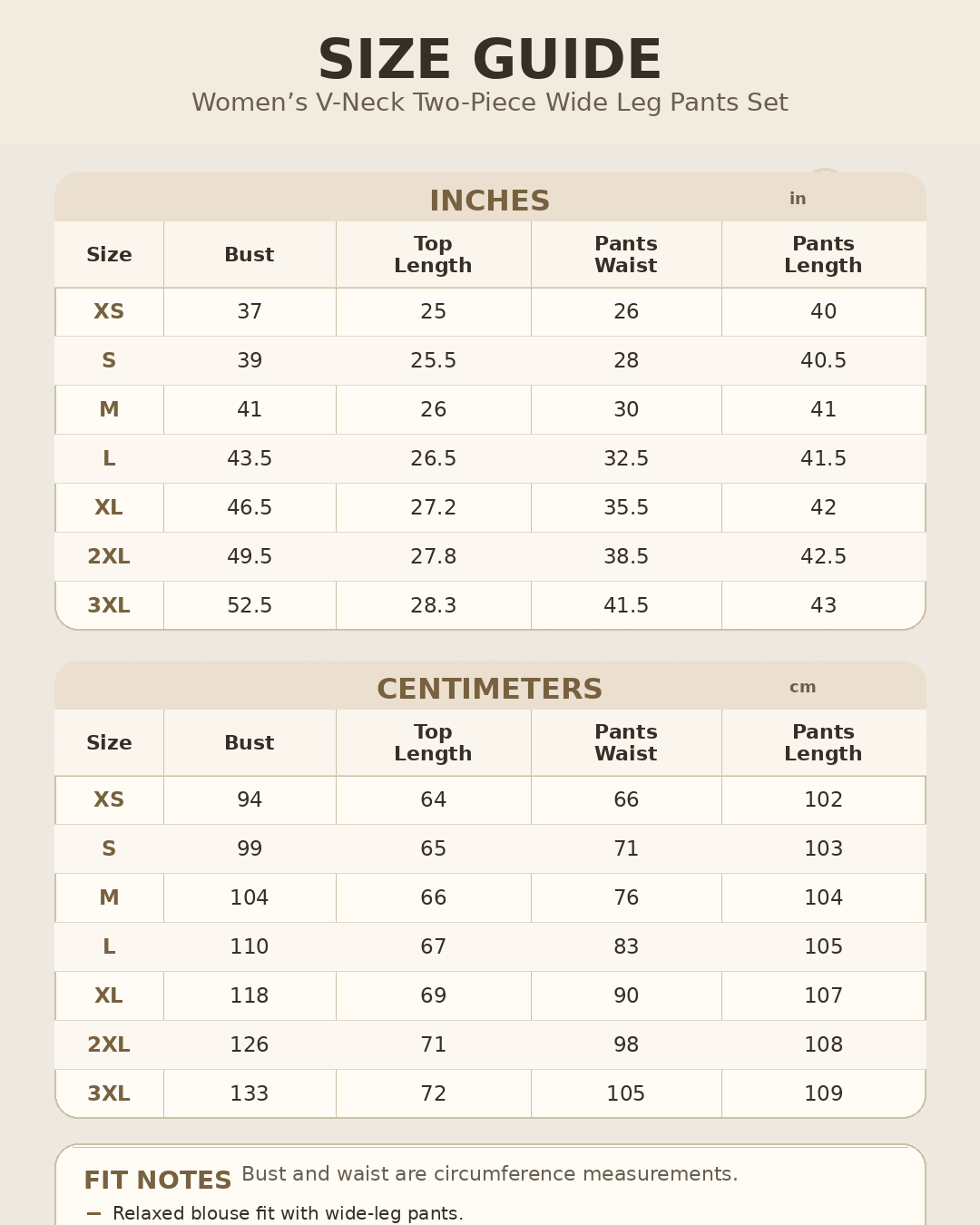 Size guide image for two piece wide leg pants set