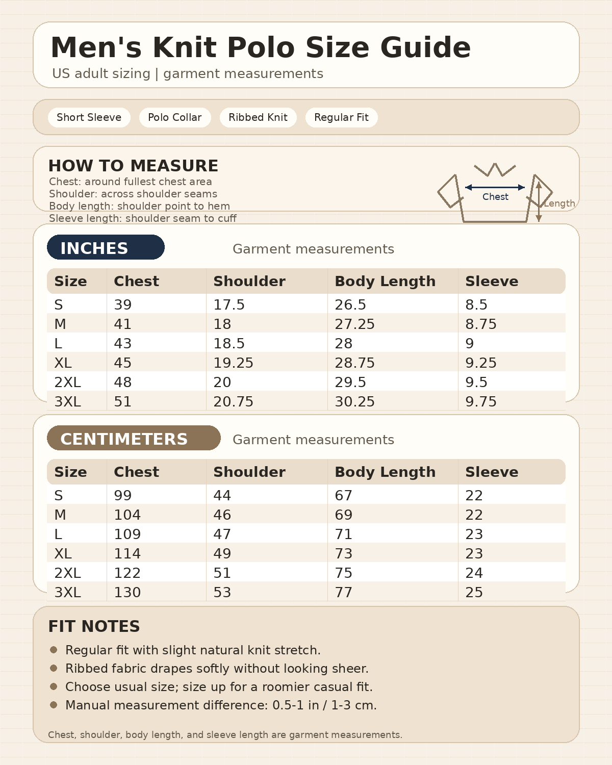 Men's knit polo fit guide image