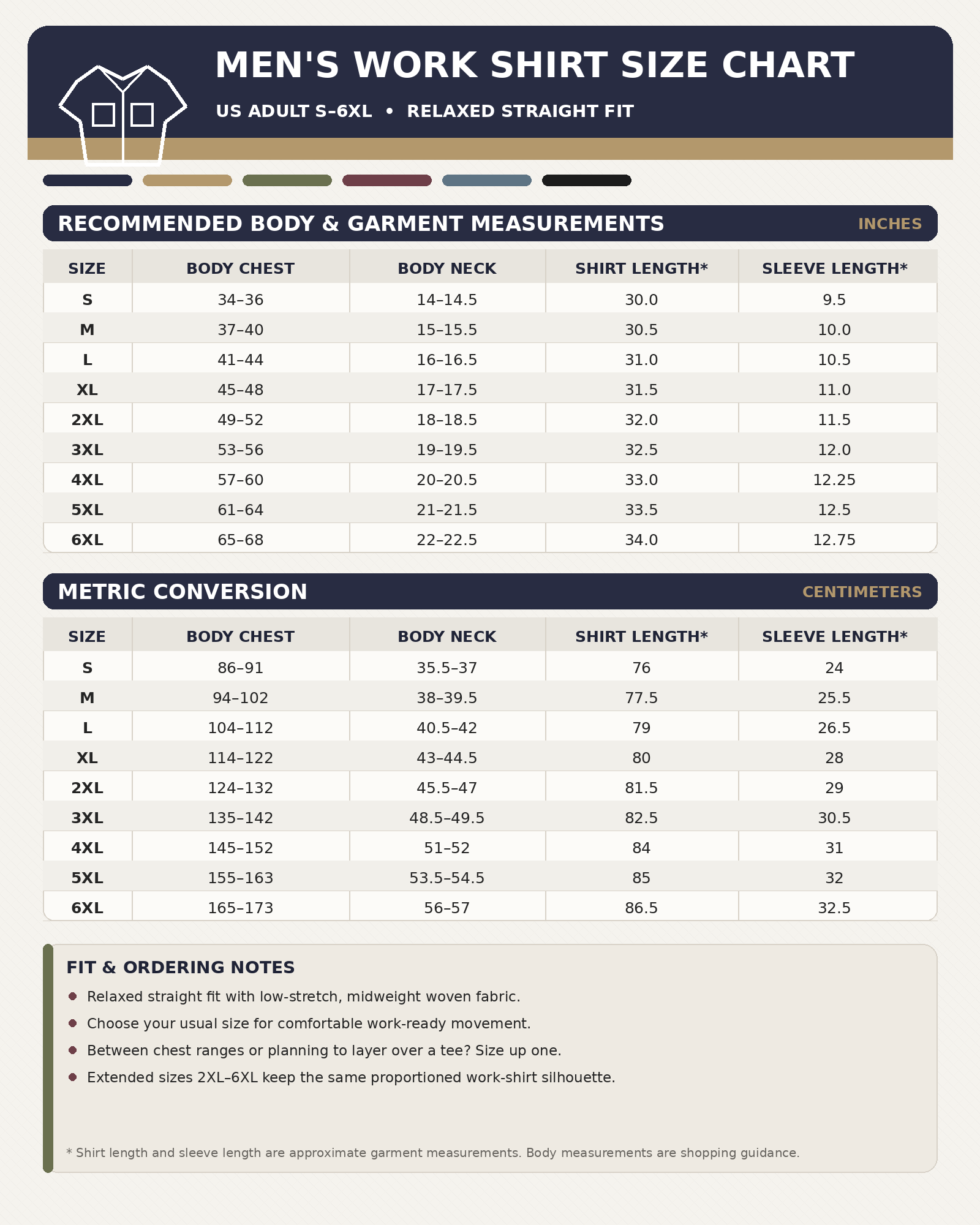 Men's dual-pocket button-down work shirt size chart