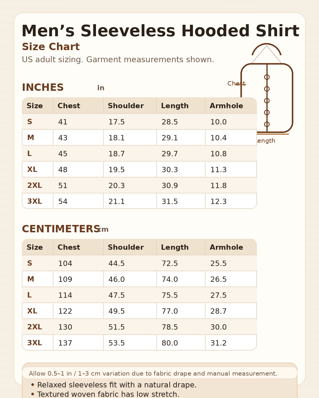 Men's sleeveless hooded shirt size chart