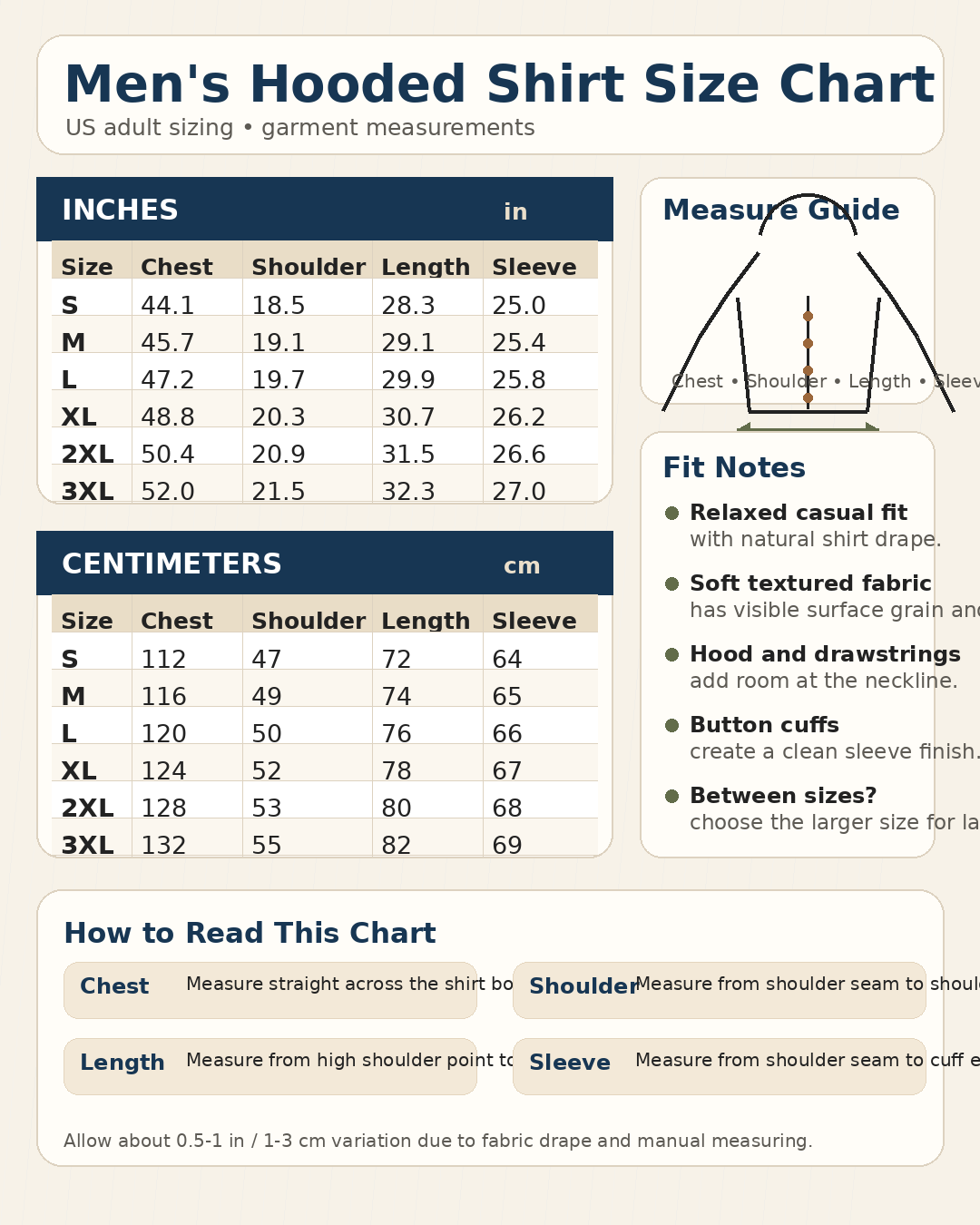 Men's hooded button-up shirt size chart