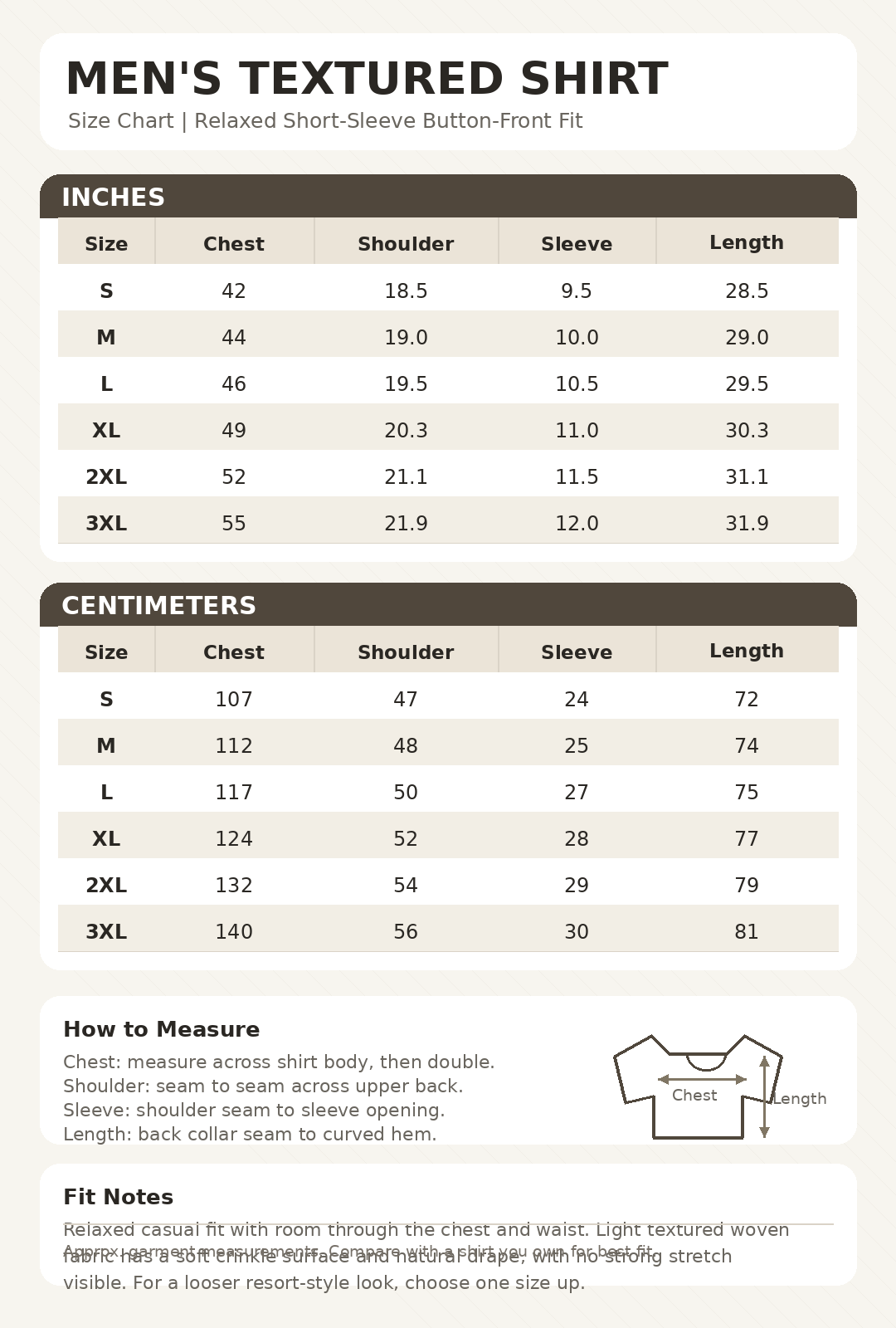 Size guide image for textured button front shirt