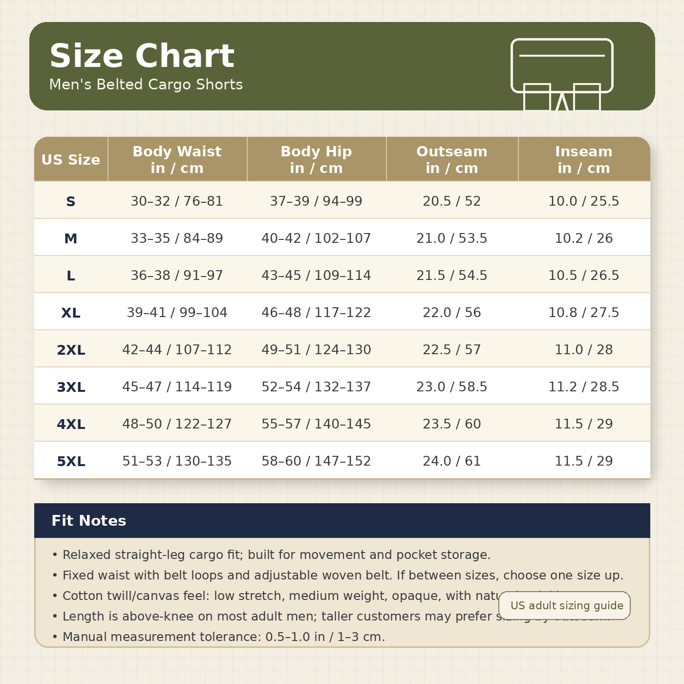 Size chart for men's belted cargo shorts