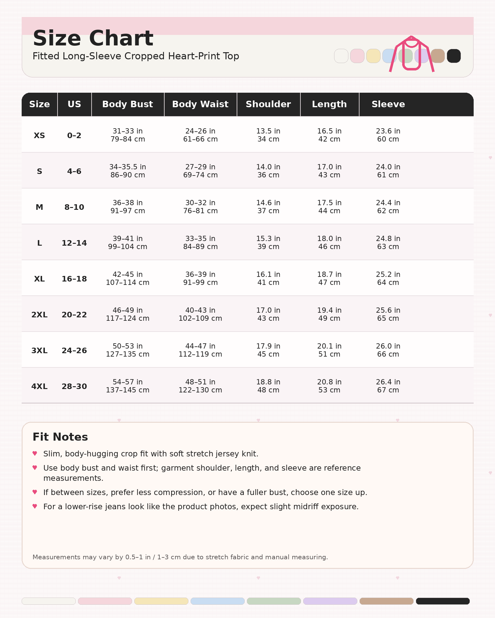 Size chart for fitted heart print cropped top