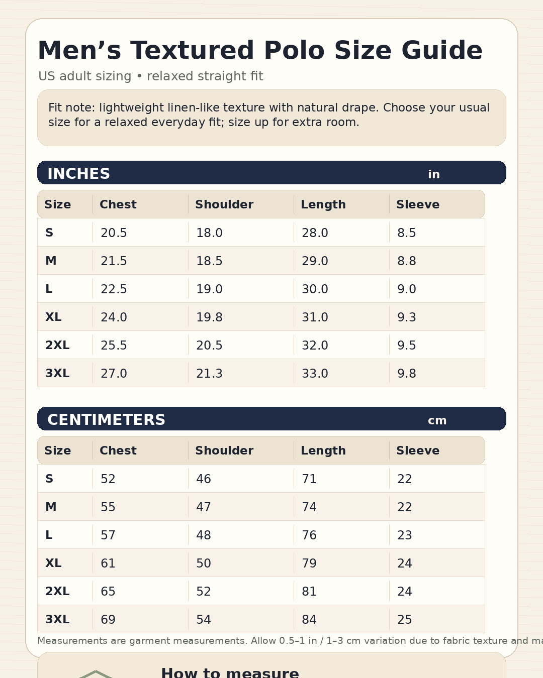 Men's textured polo size guide