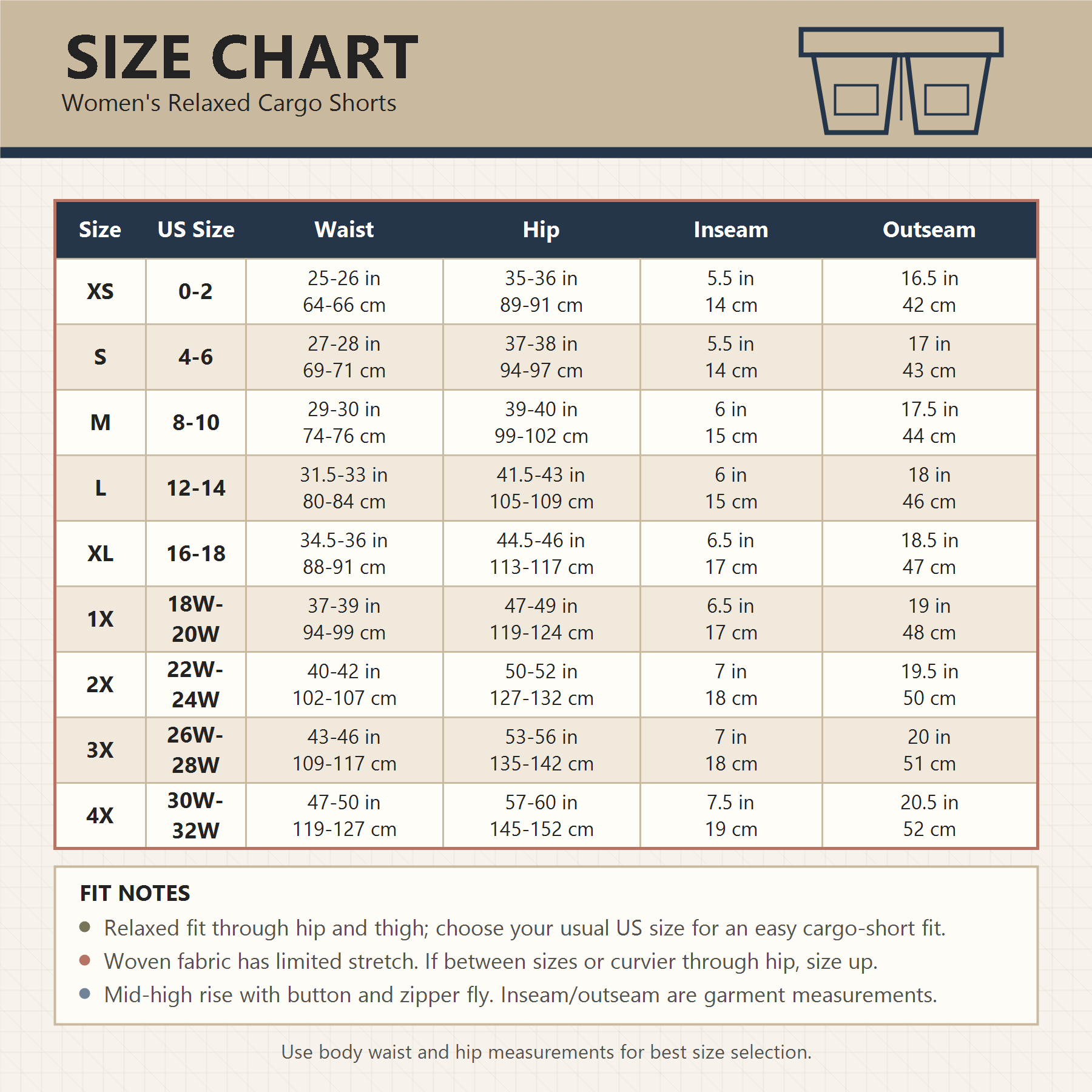 Women's relaxed cargo shorts size chart