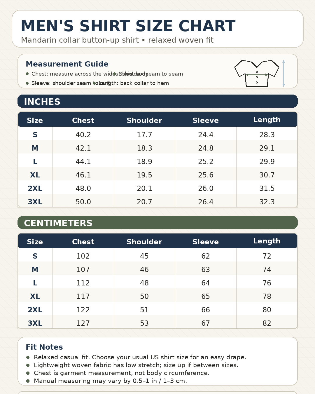 Men's shirt size chart image