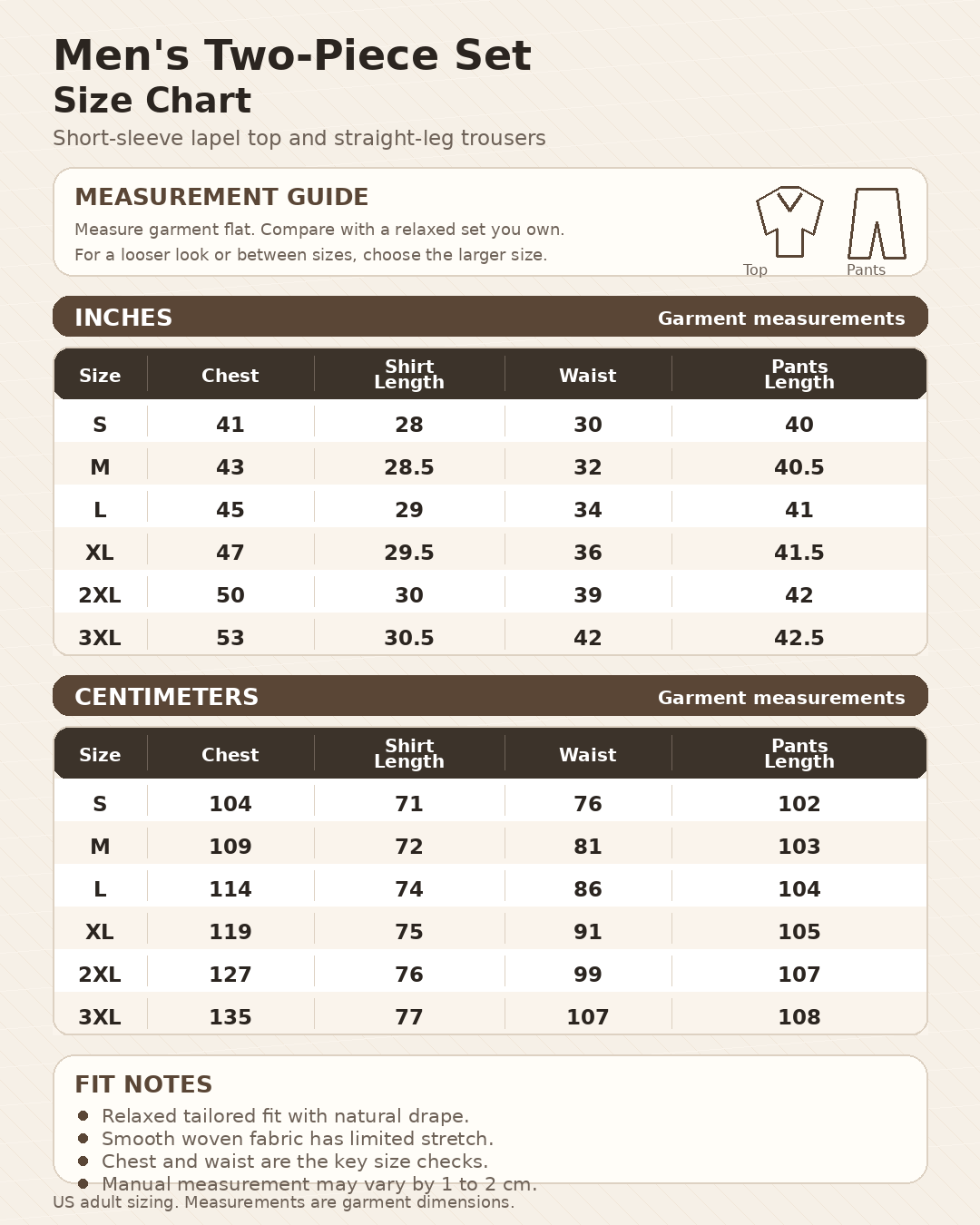 Mens two piece set size chart