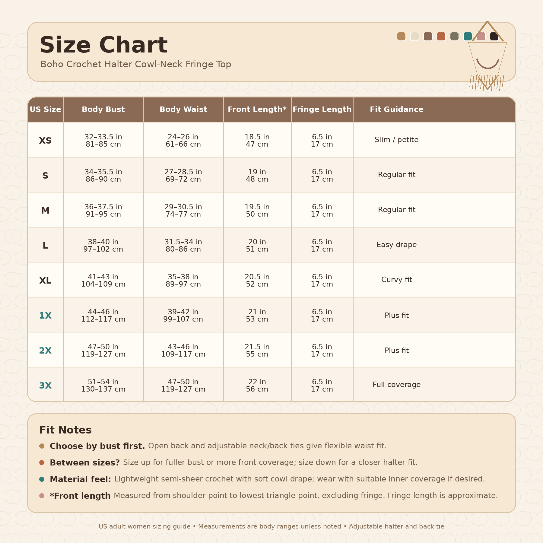 Boho crochet halter top size chart