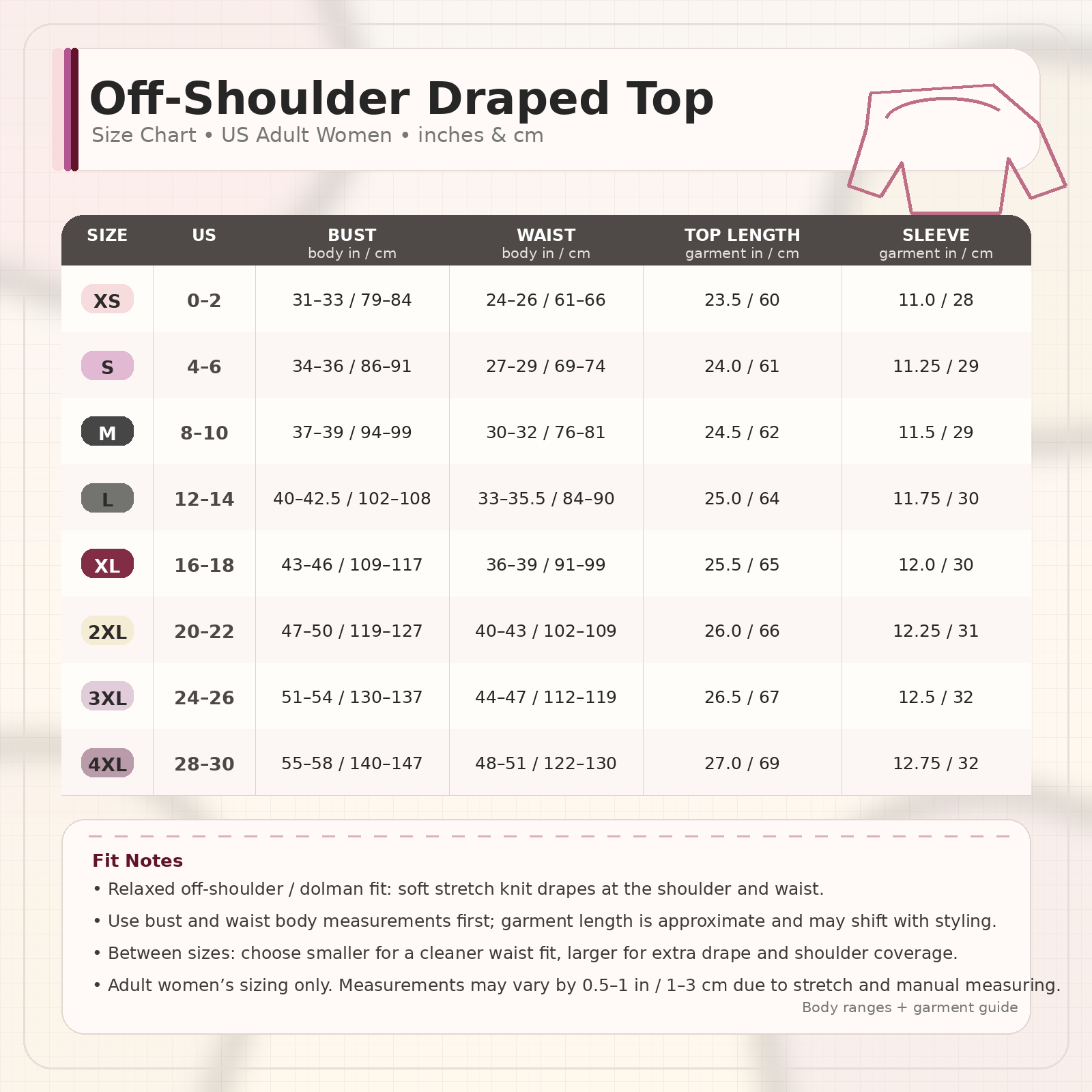 Off-shoulder draped top size chart