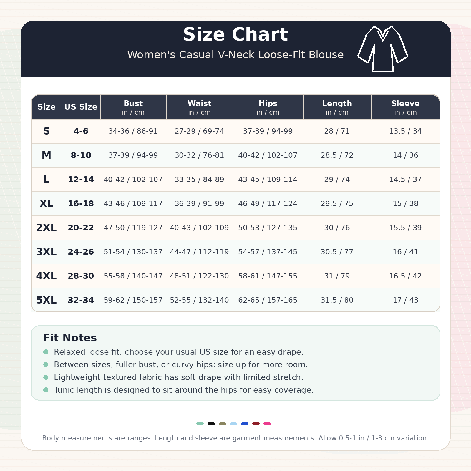 Size chart for women’s casual V-neck loose-fit blouse