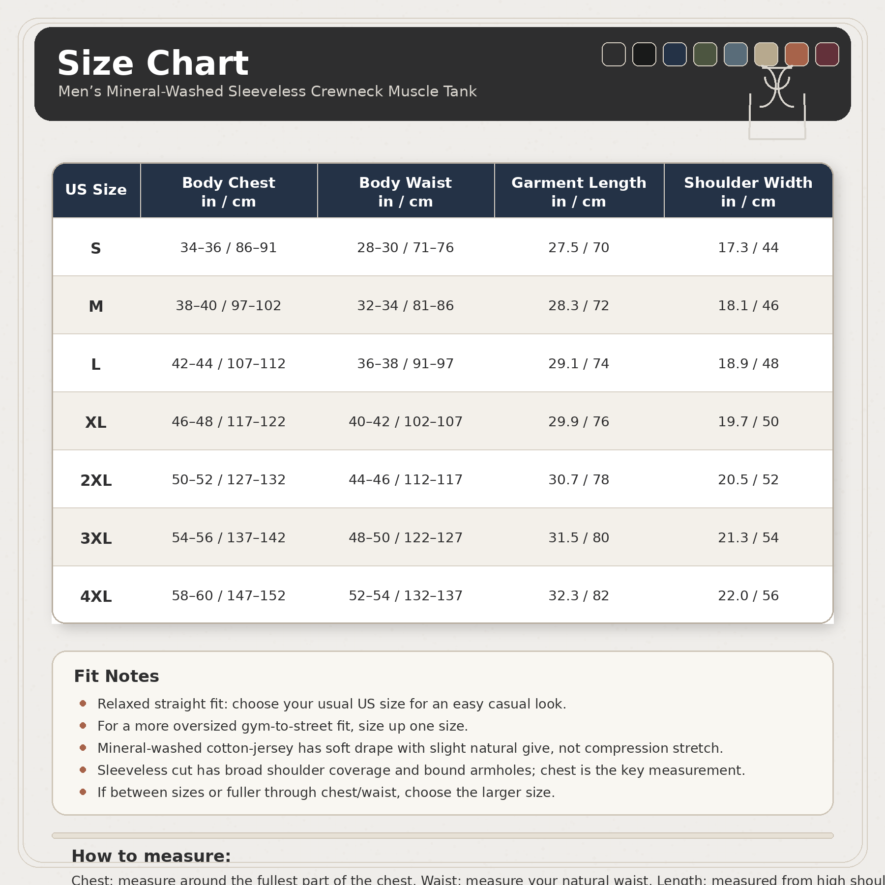 Size guide image for men's mineral-washed sleeveless tank top