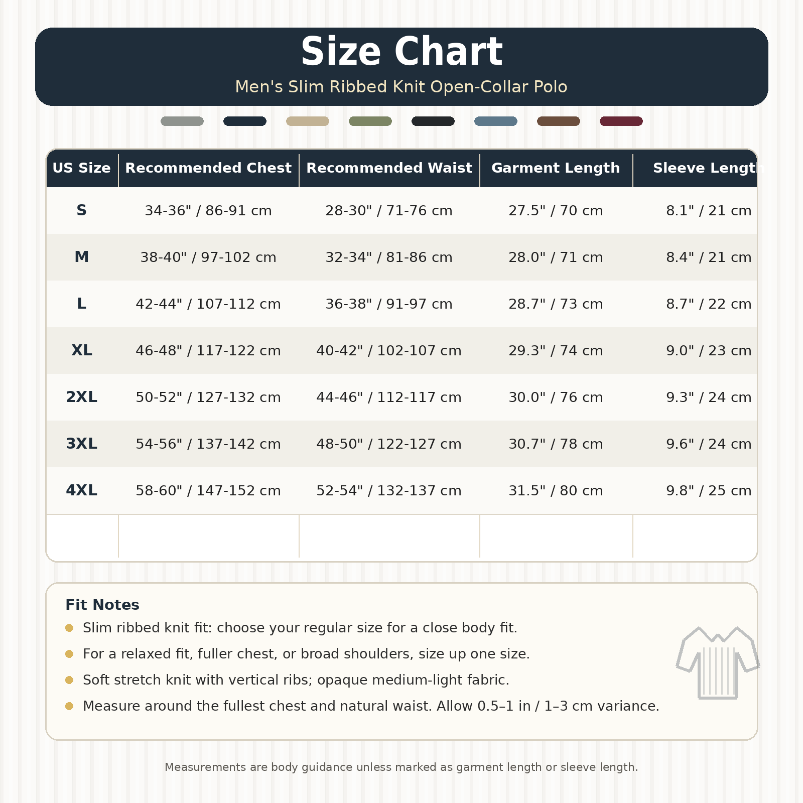 Men's ribbed knit polo size chart image