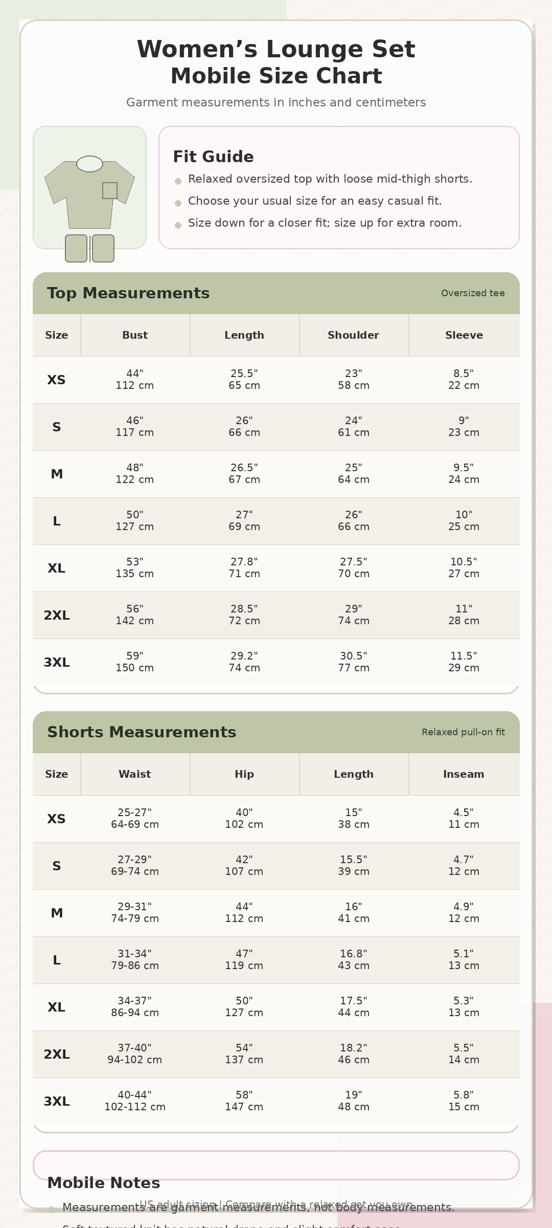 Mobile size chart for oversized short sleeve lounge set