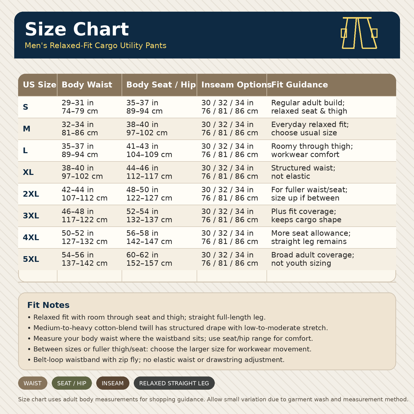 Men's relaxed-fit cargo utility pants size chart