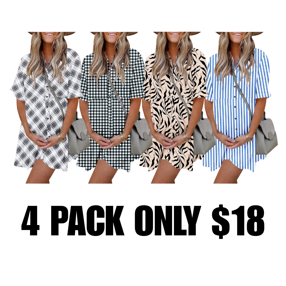 Babydoll Dress for Women Short Sleeve Button Down Textured Non-clingy Loose Fit Flowy Mini Dress with Pockets