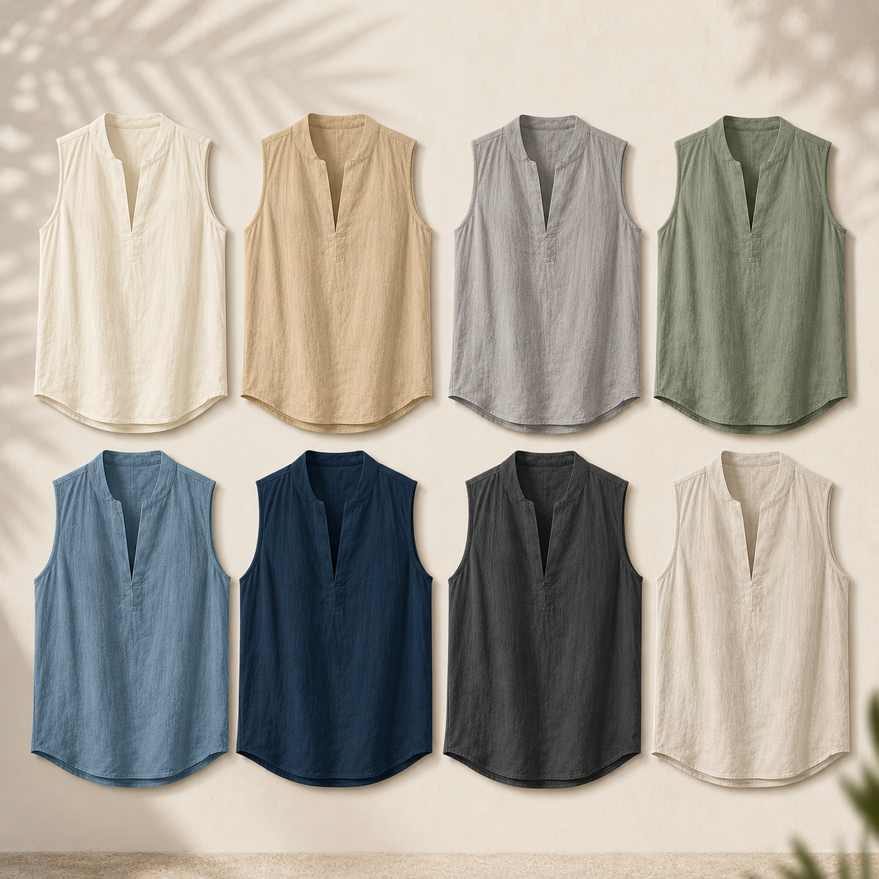 Men's Sleeveless Split-Neck Linen-Look Shirt Set