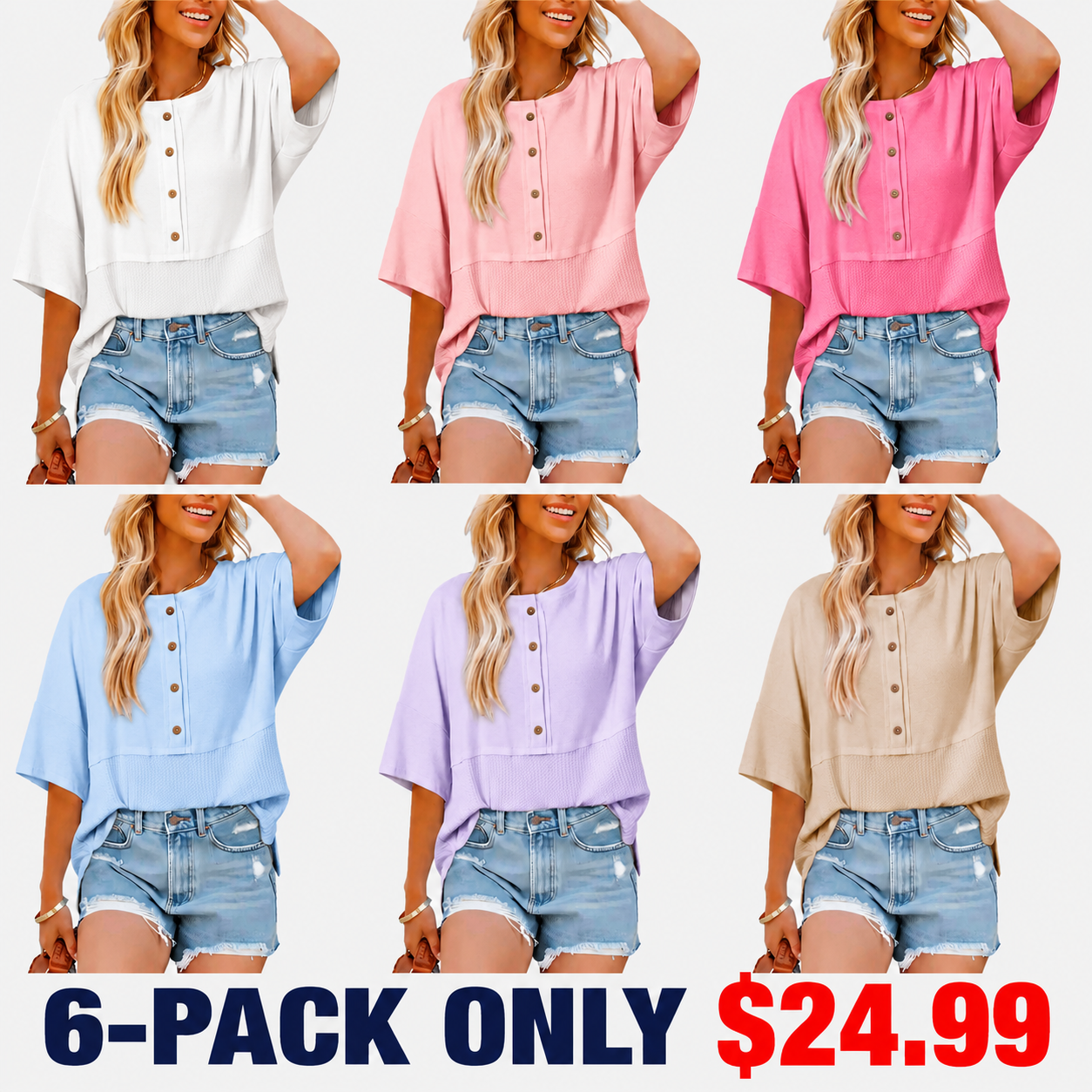 Womens Waffle Knit Tops 3/4 Sleeve Casual Button Down Shirts Crew Neck Oversized Patchwork Blouses