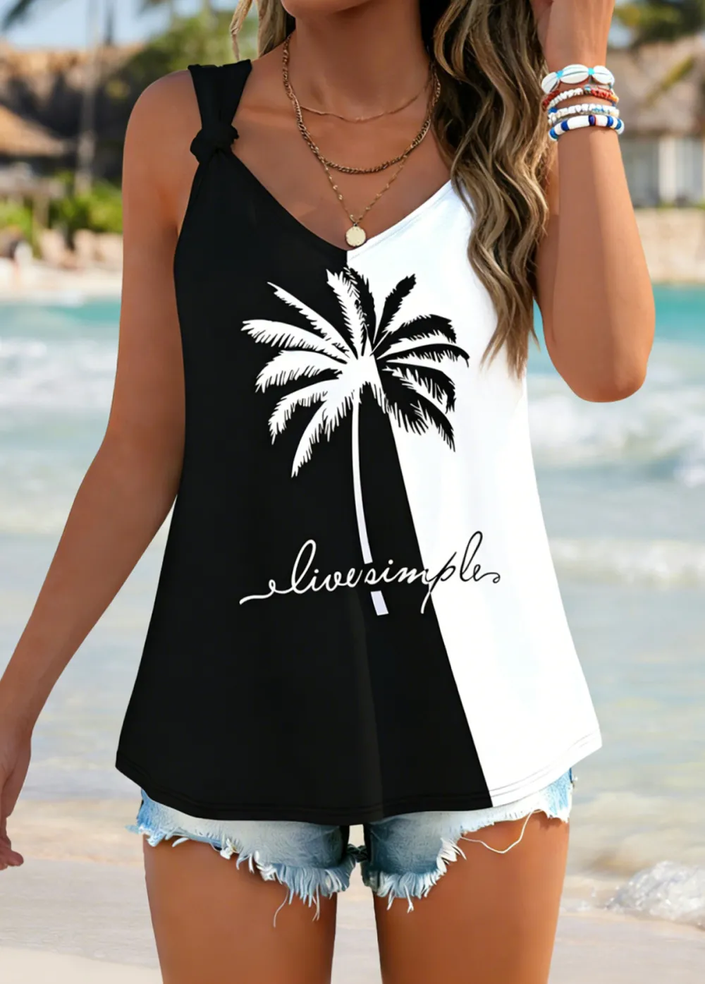 Dusty Blue Tummy Coverage Striped Strappy Tank Top
