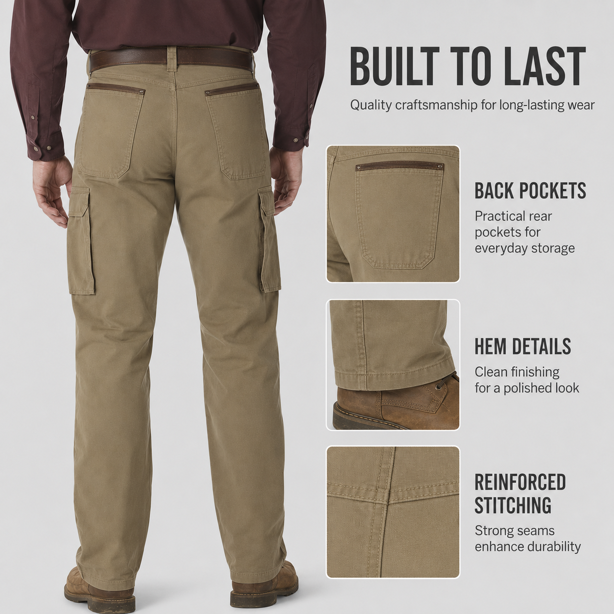 Cargo pants back pockets hem and reinforced stitching details