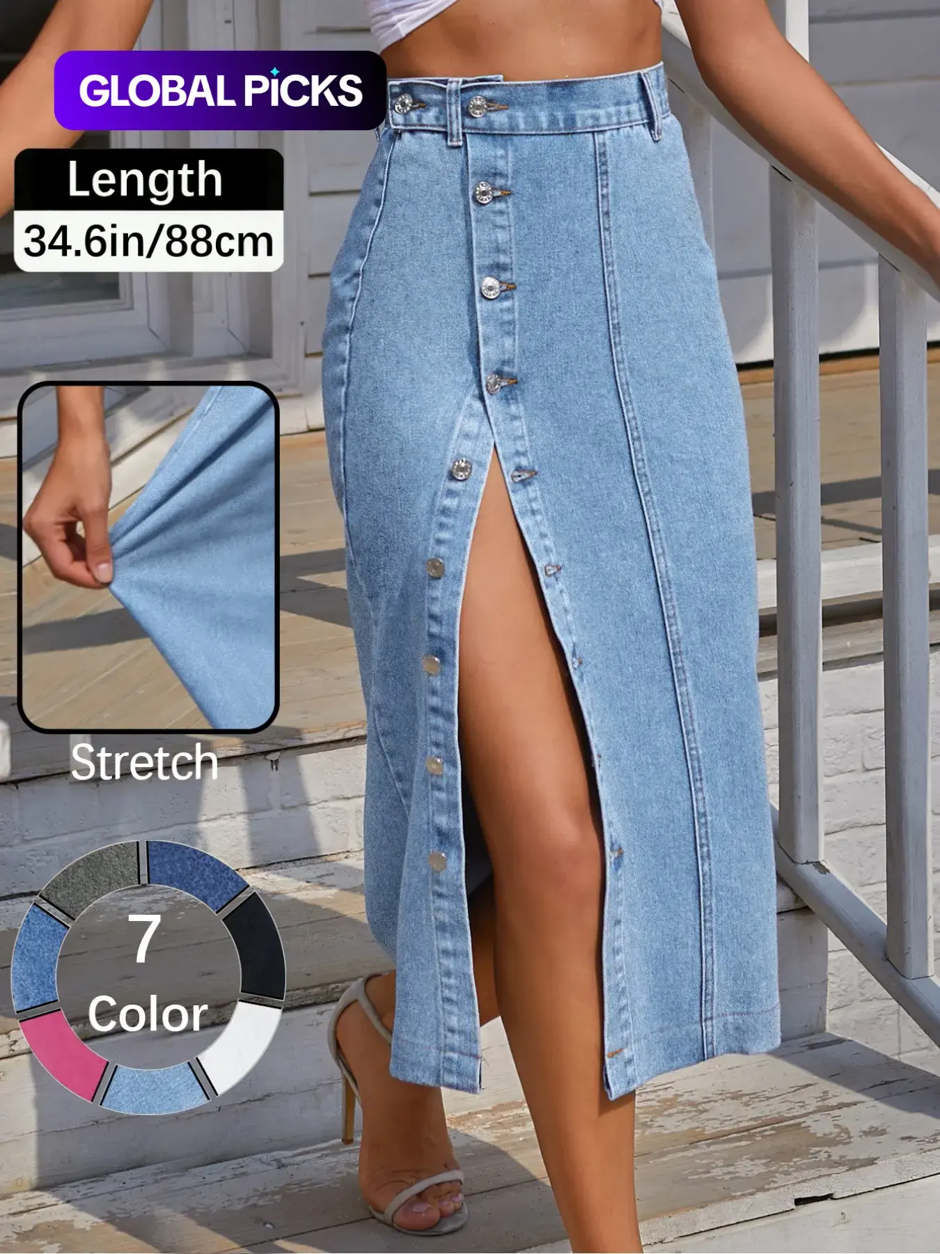 Jeans Women's Button Front Light Wash Denim Split Hem Skirt, Casual Fashion Fitted Skirt for Daily Wear, Ladies Bottoms for All Seasons, Button Fly Skirt