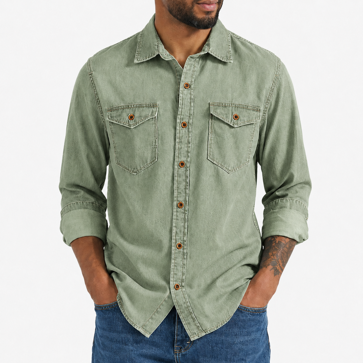 Sage green washed denim button-up shirt