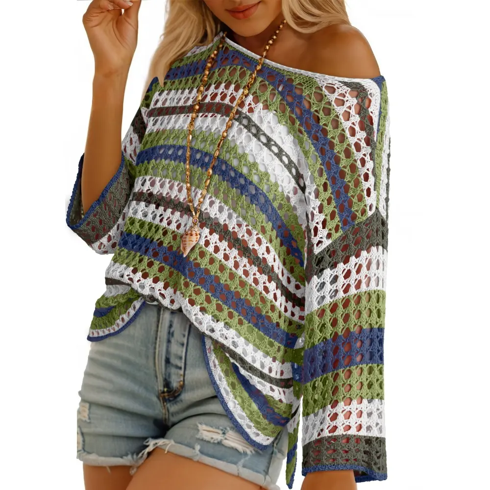 Olive blue striped hollow-out crochet top