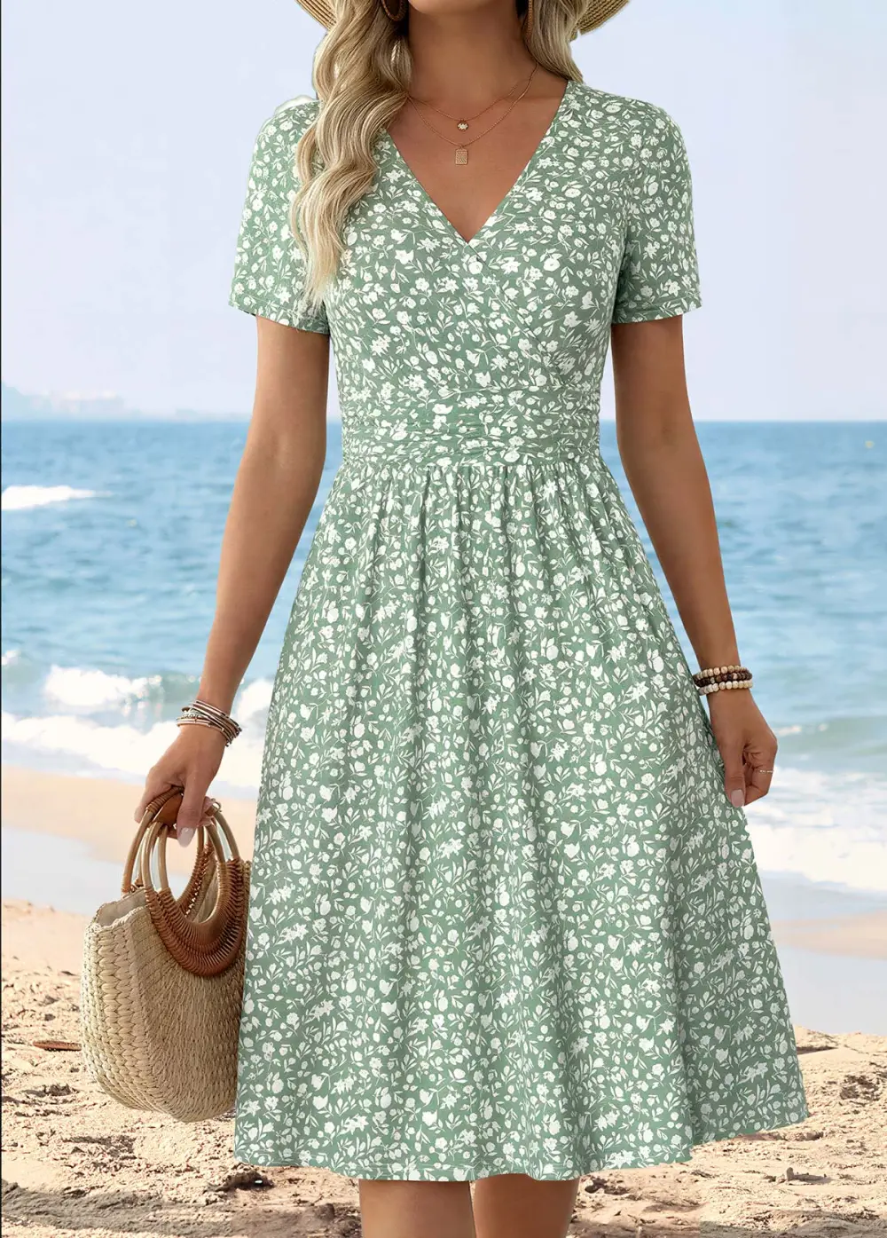 Multi Color Tummy Coverage Floral Print Short Sleeve Dress