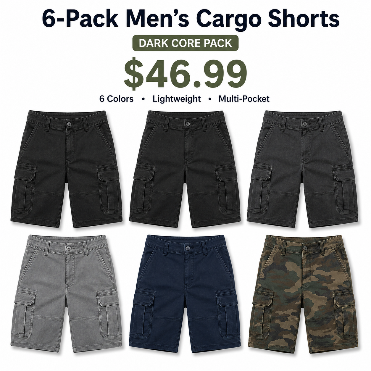 6-Pack Men's Lightweight Cargo Shorts - Dark Core Pack