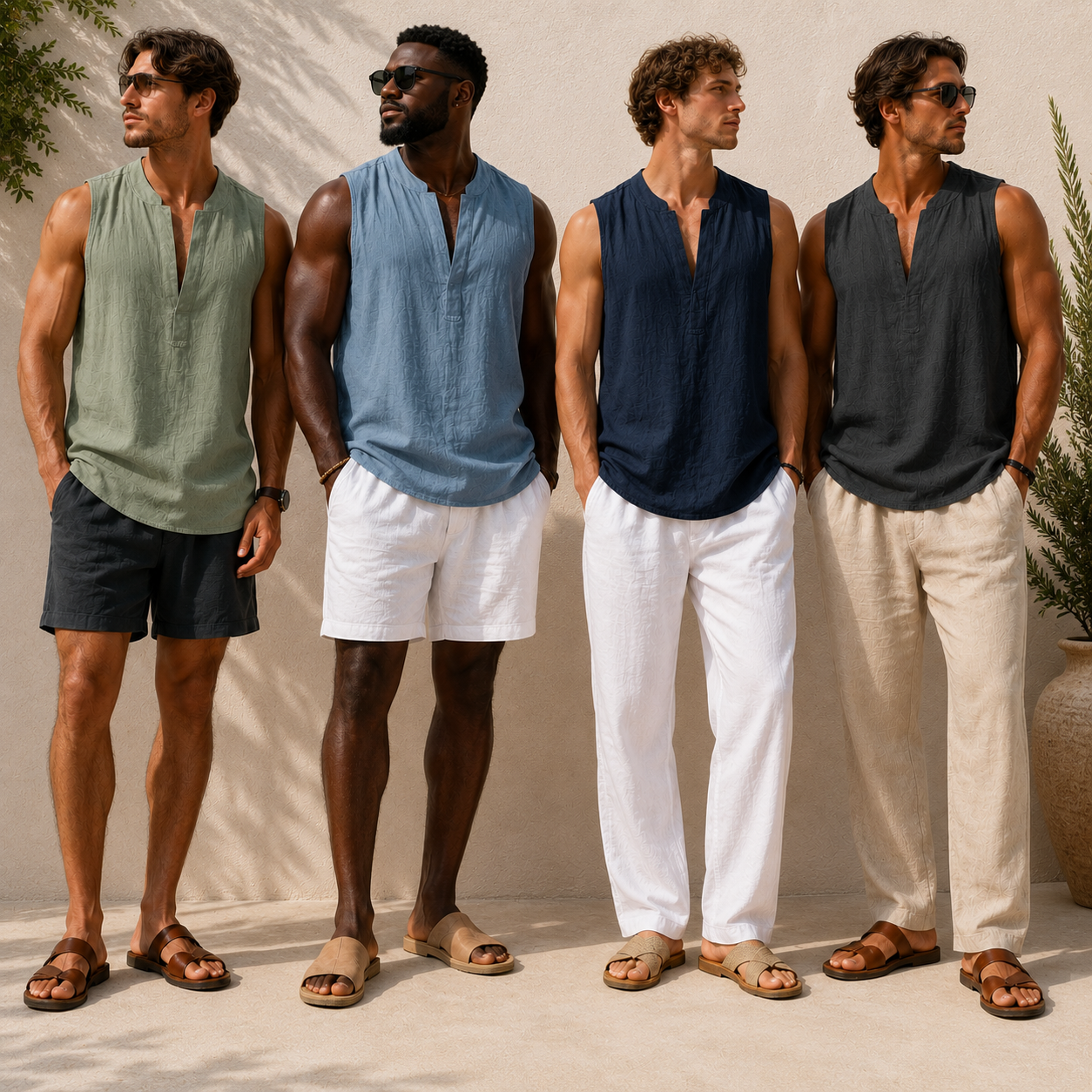 Men's Sleeveless Split-Neck Linen-Look Shirt Set