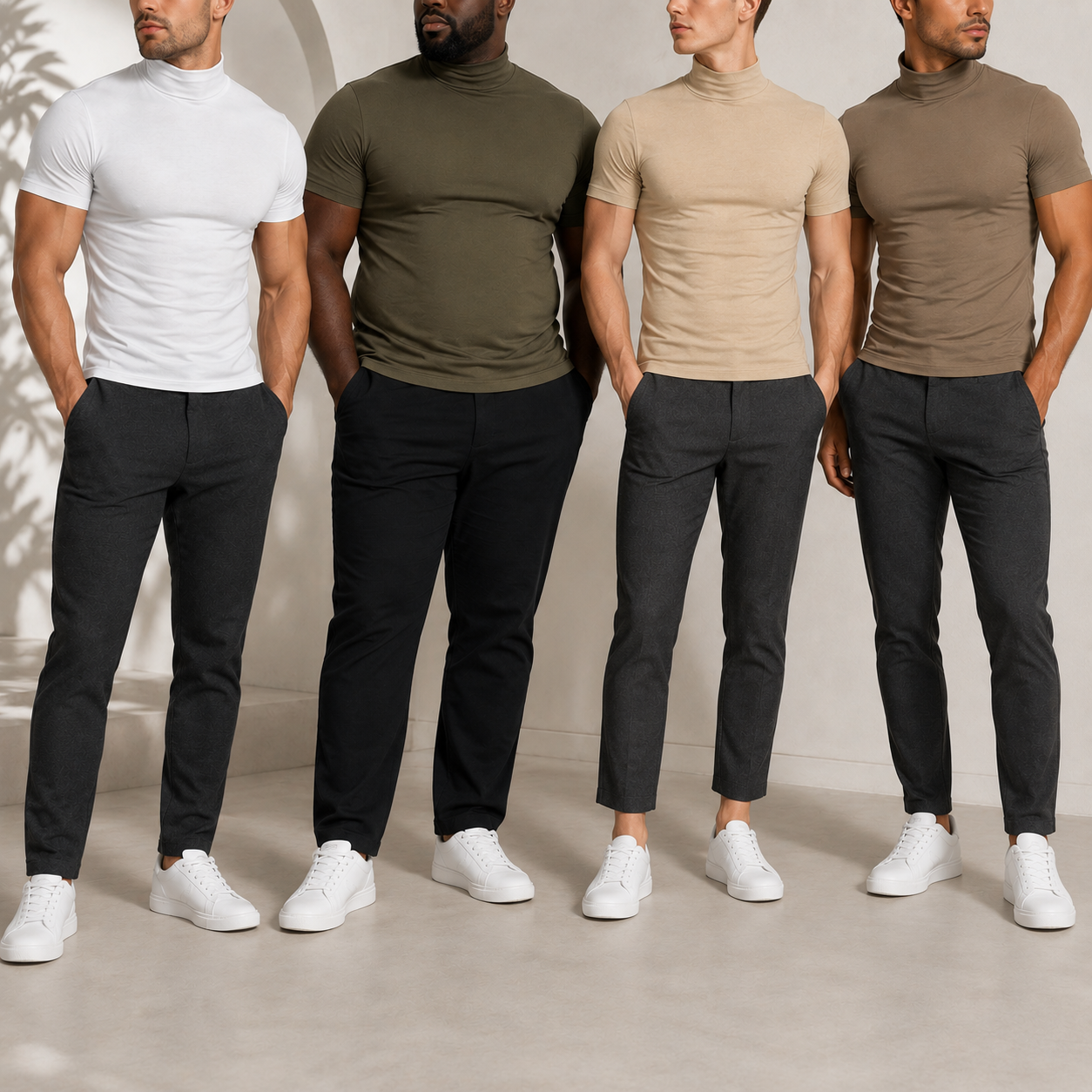 Men's fitted mock neck T-shirt group photo