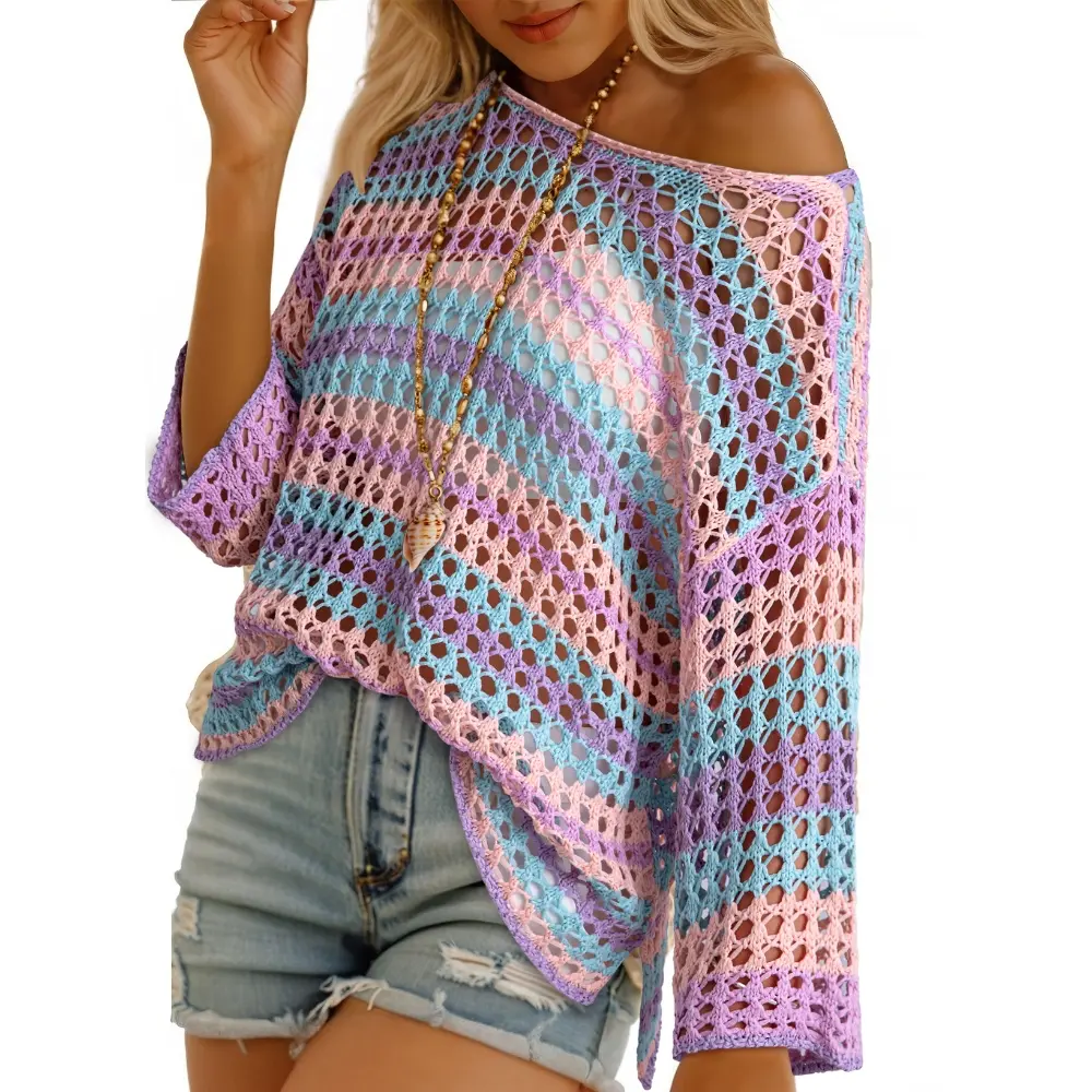 Pastel pink aqua striped hollow-out crochet top