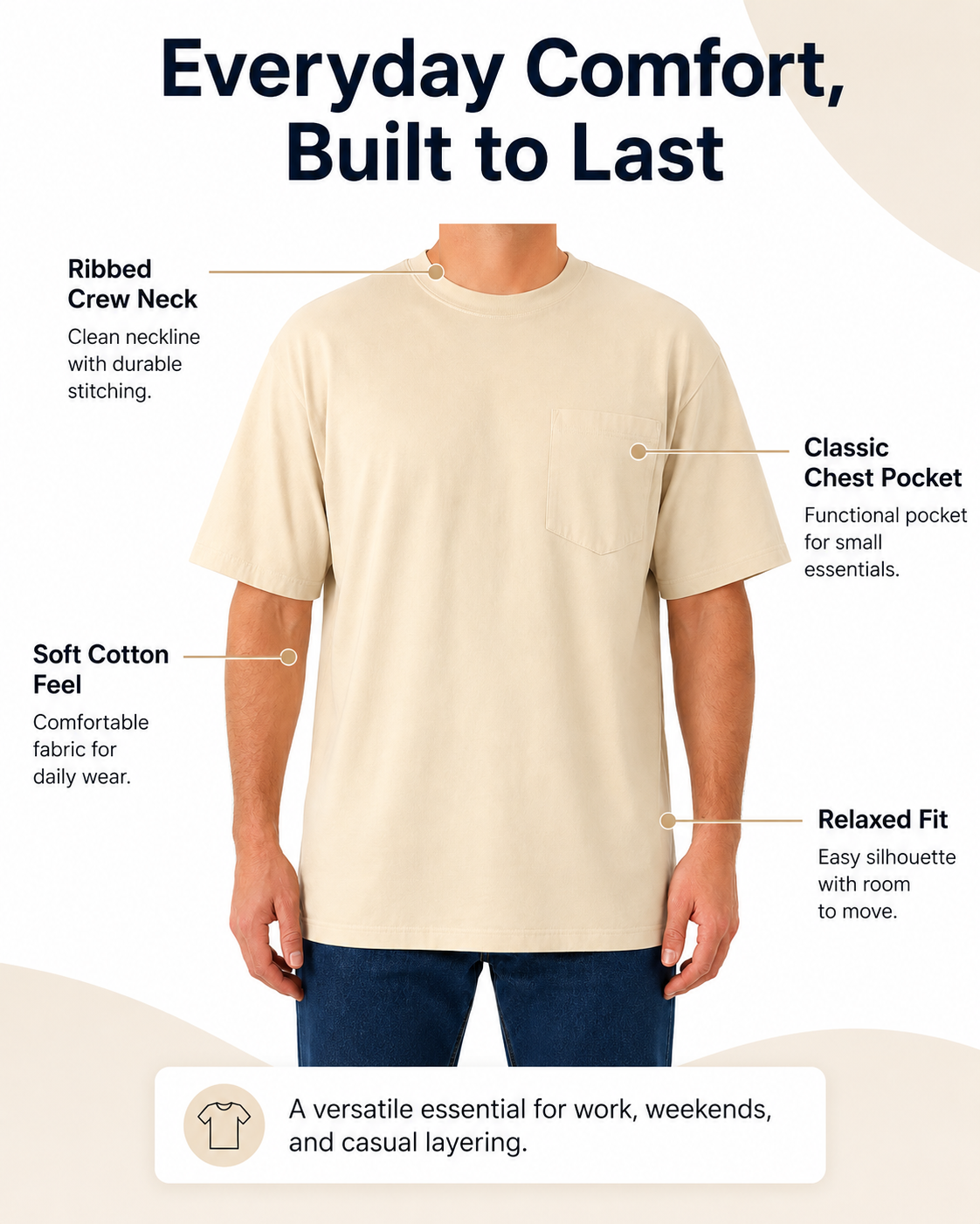 Ribbed crew neck and chest pocket detail