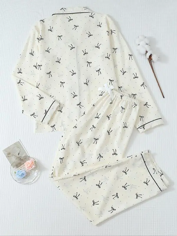 Women's Striped Bow Print LongSleeve Pajama Set, Sweet CuteButton Front Top and Pants