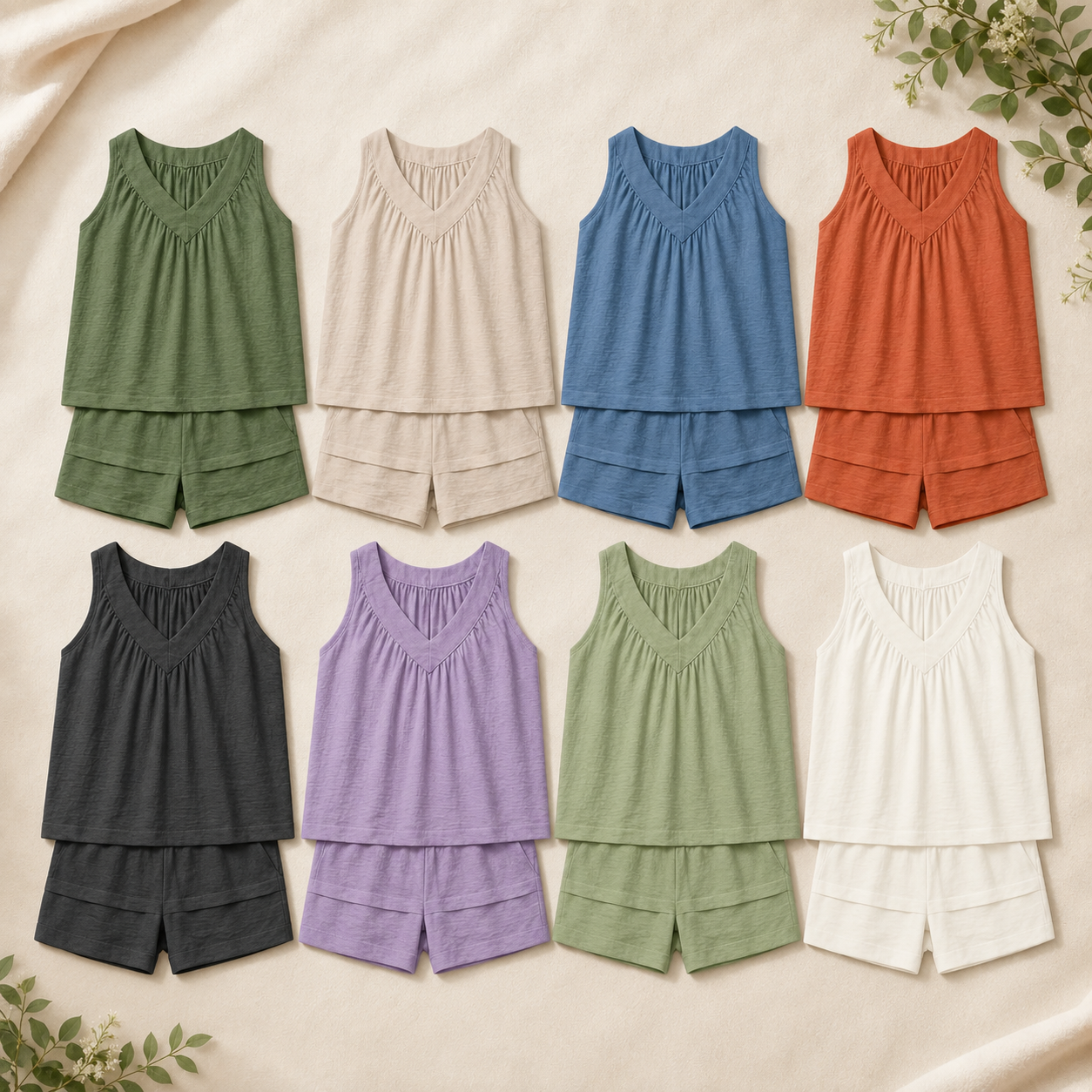 Women's Textured V Neck Sleeveless Top and Shorts Set