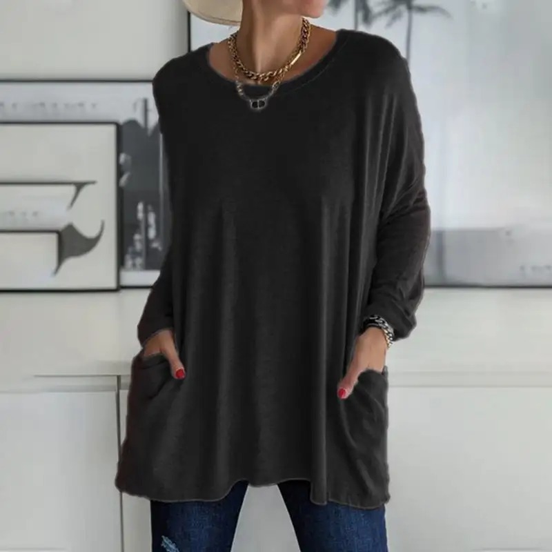 2026 Spring Summer New Round Neck Long Sleeve Pocket Solid T-Shirt