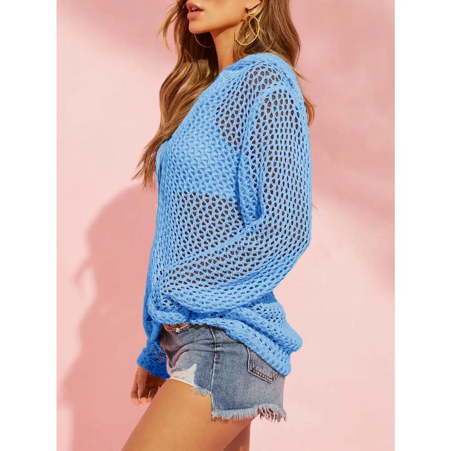 🔥Last Day of Sale🔥Women's Crochet Lightweight Cardigan Zip Up Hooded Knit Sweater