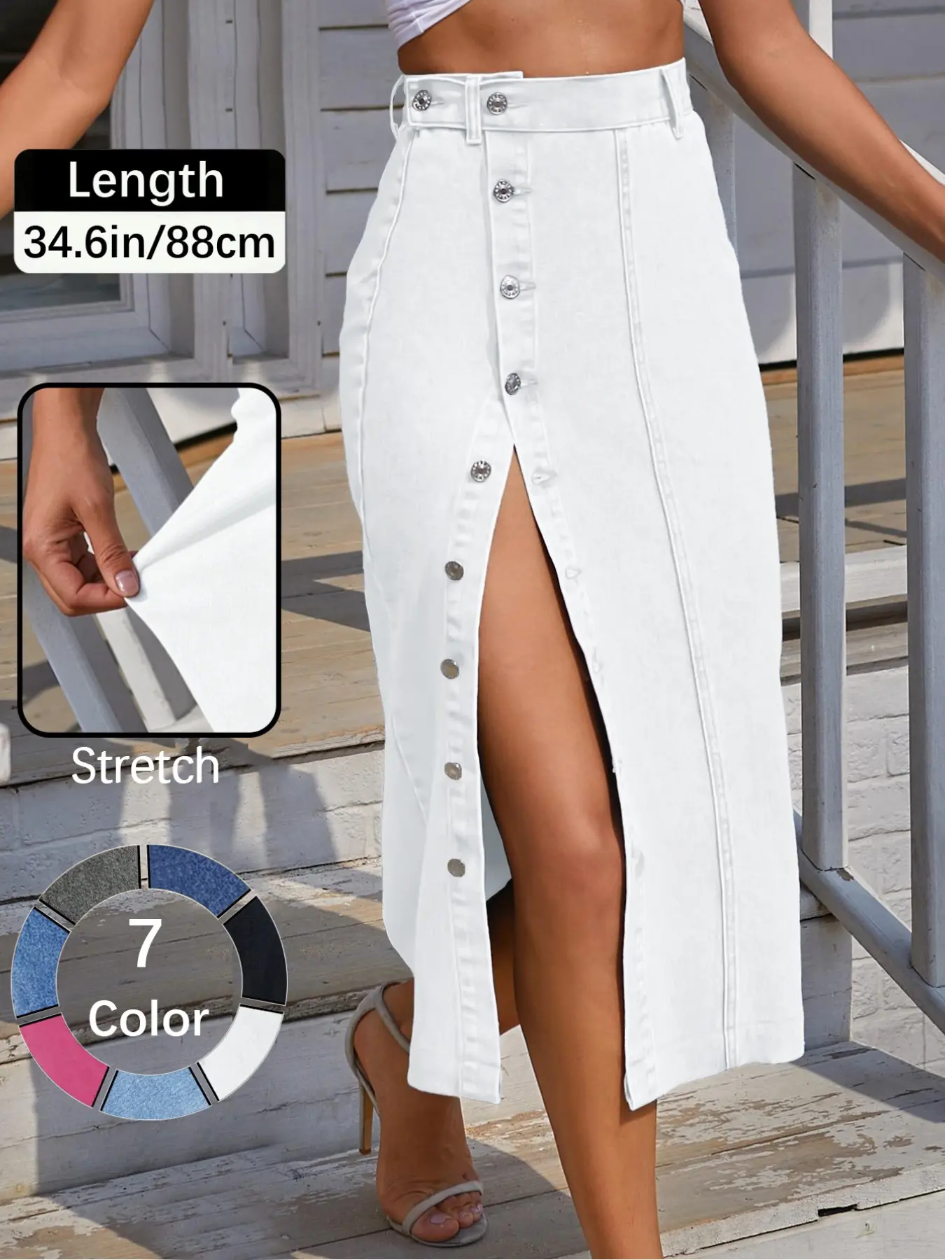 Jeans Women's Button Front Light Wash Denim Split Hem Skirt, Casual Fashion Fitted Skirt for Daily Wear, Ladies Bottoms for All Seasons, Button Fly Skirt