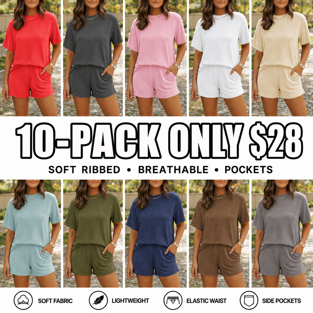 Women's Summer Ribbed Pajama Set with Pockets