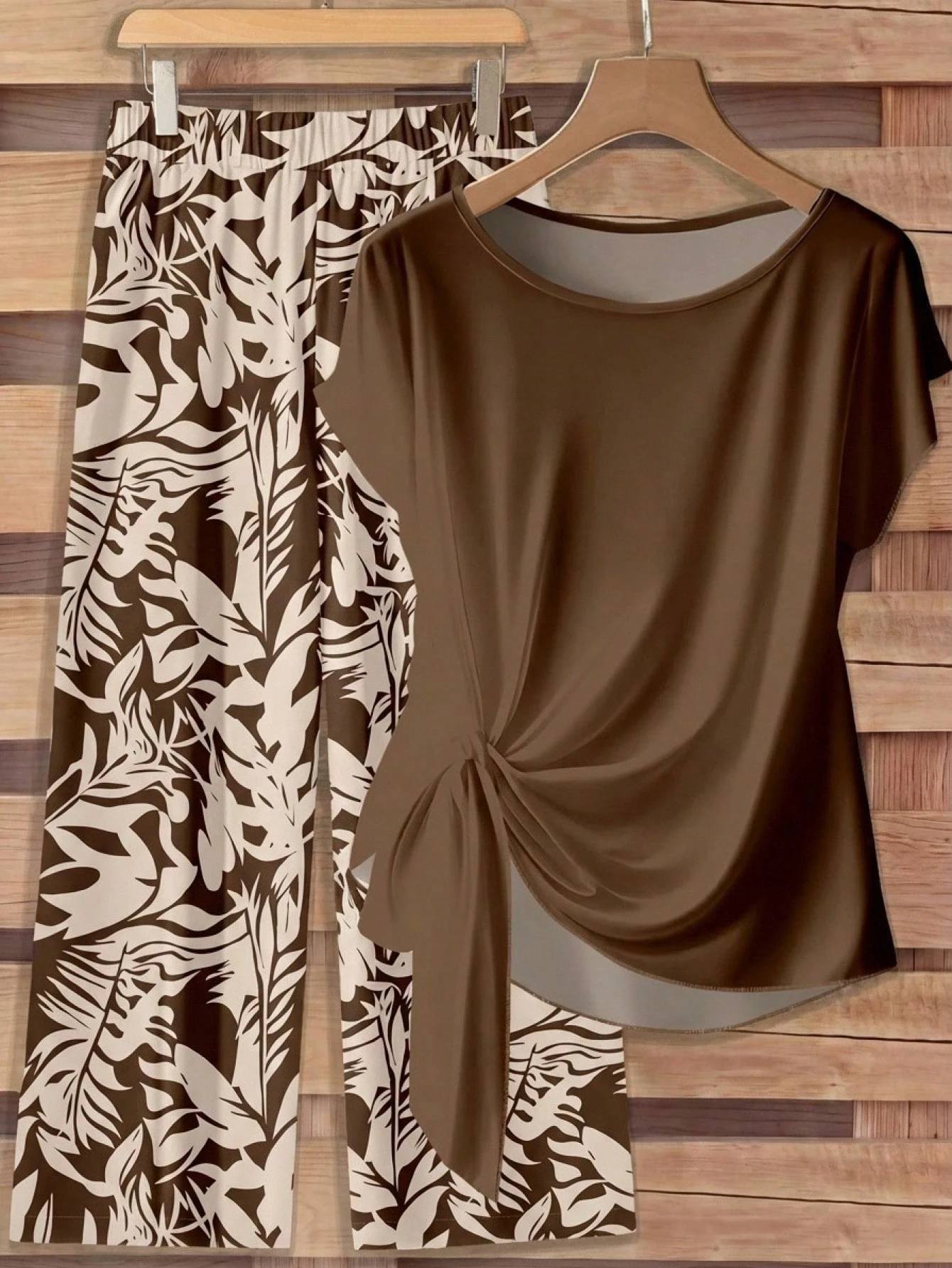 Women s Casual Printed Necktie Shirt & Loose Straight Pant Set
