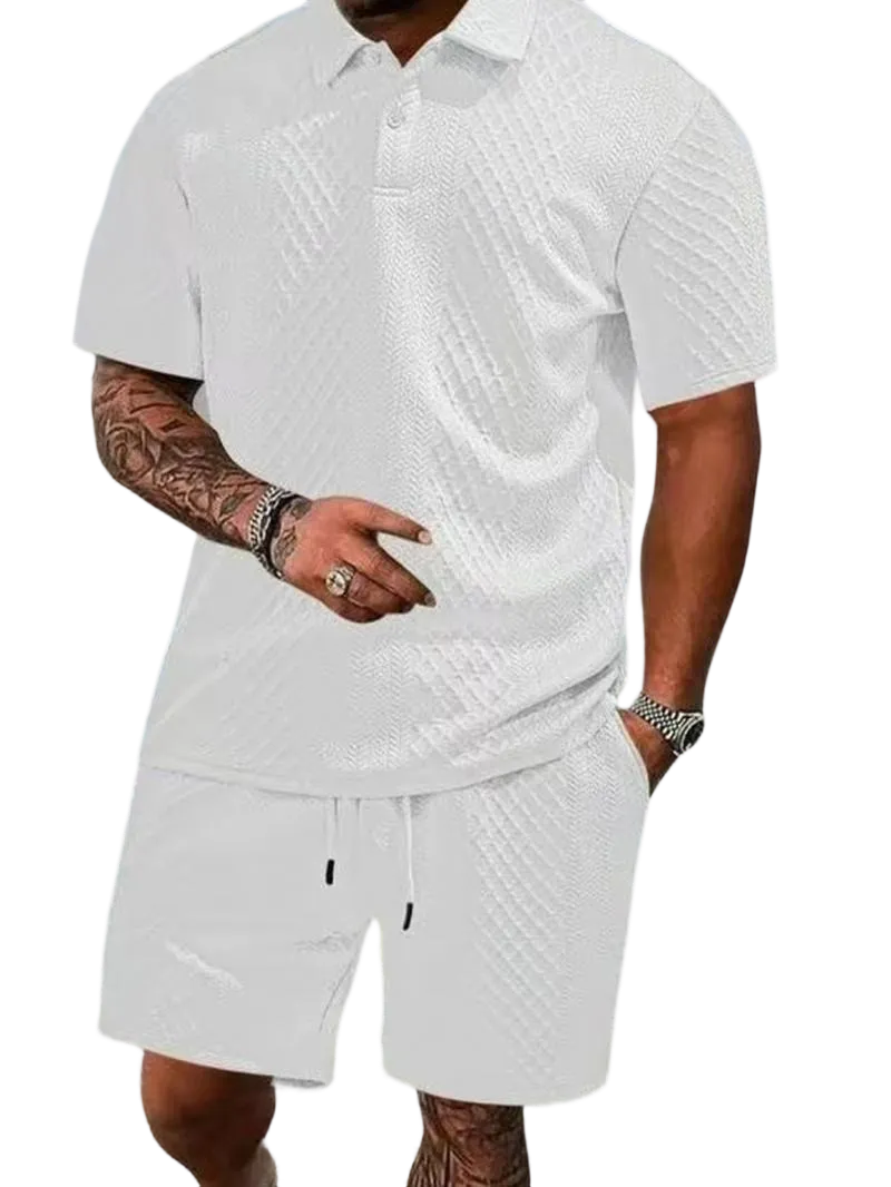 Men's Summer Casual Textured Polo Shirt and Shorts Two-Piece Set