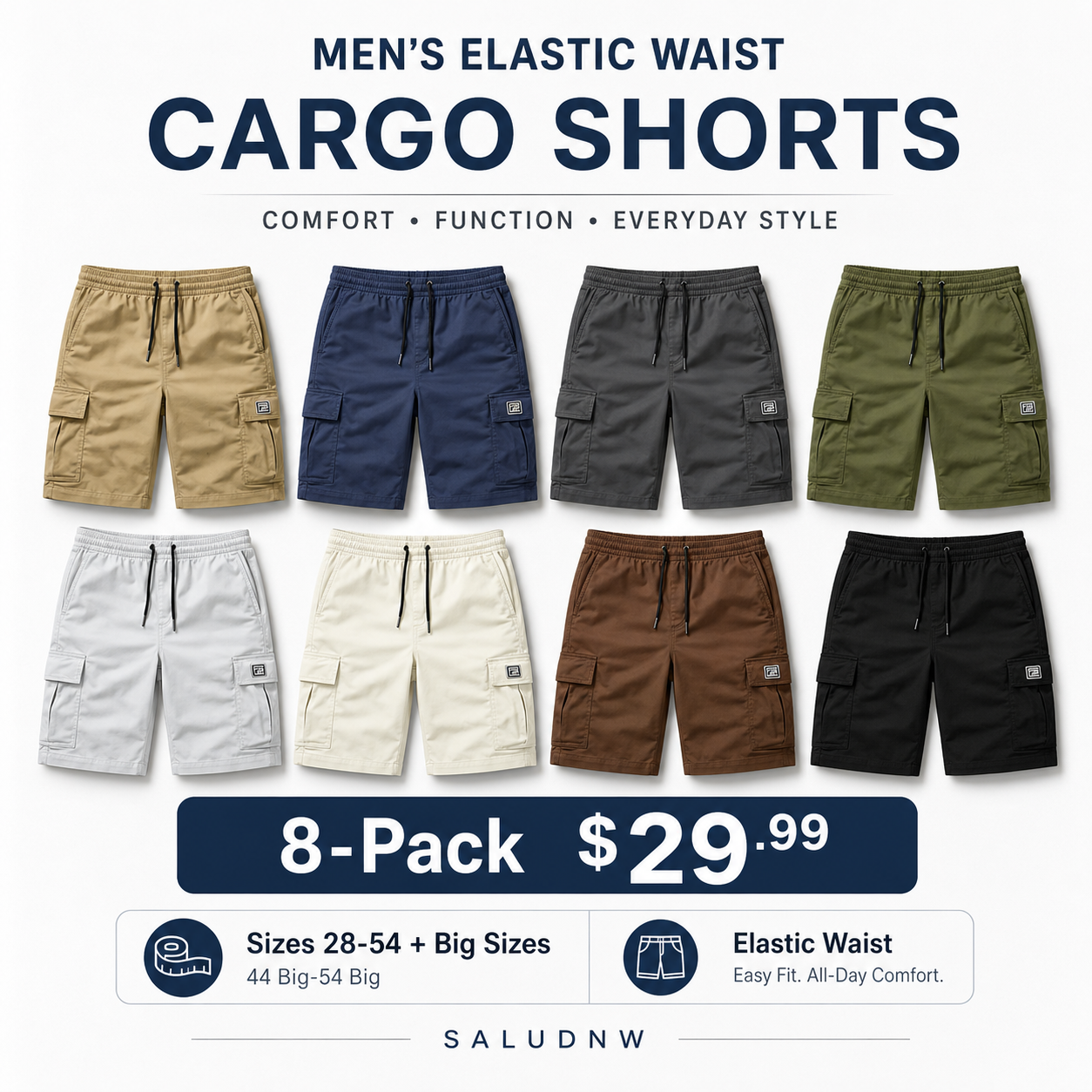 Men's 8-Pack Elastic Waist Drawstring Cargo Shorts