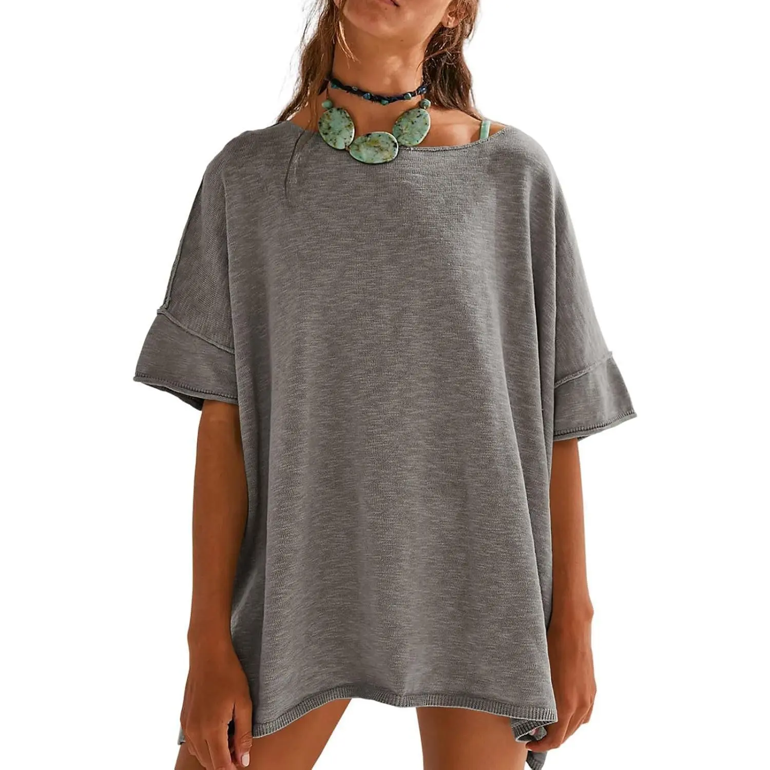 Women's Oversized T Shirts Casual Summer Crew Neck Loose Dropped Short Sleeve Side Slit Hem Blouse Tunic Tops Sweater Tee