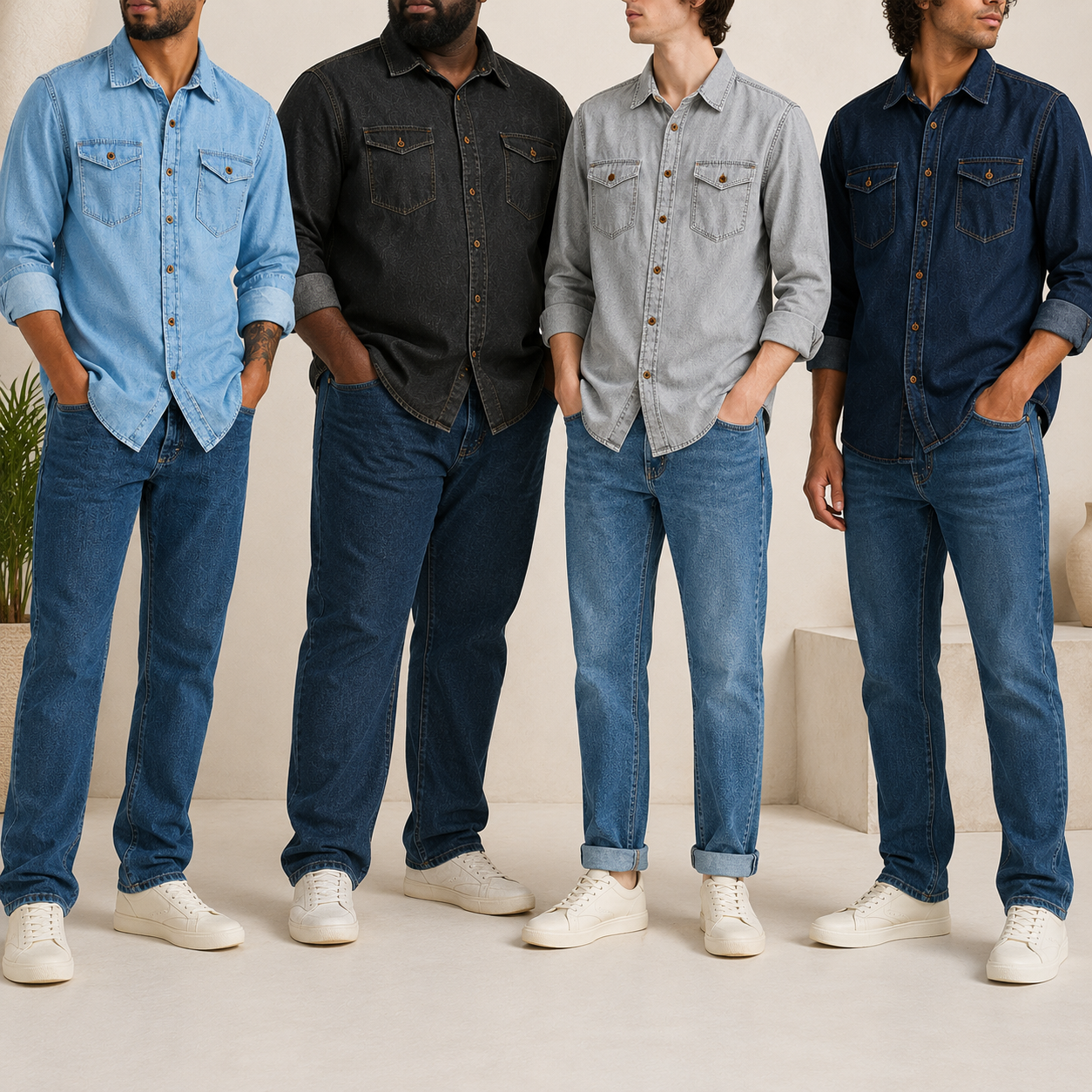 Men wearing washed denim button-up shirts in multiple colors