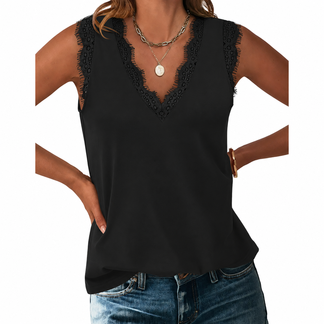Soft Black lace-trim sleeveless V-neck top