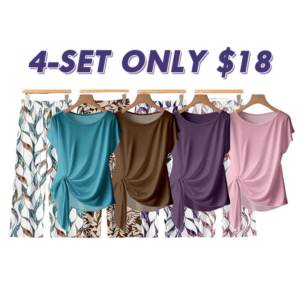 Women s Casual Printed Necktie Shirt & Loose Straight Pant Set