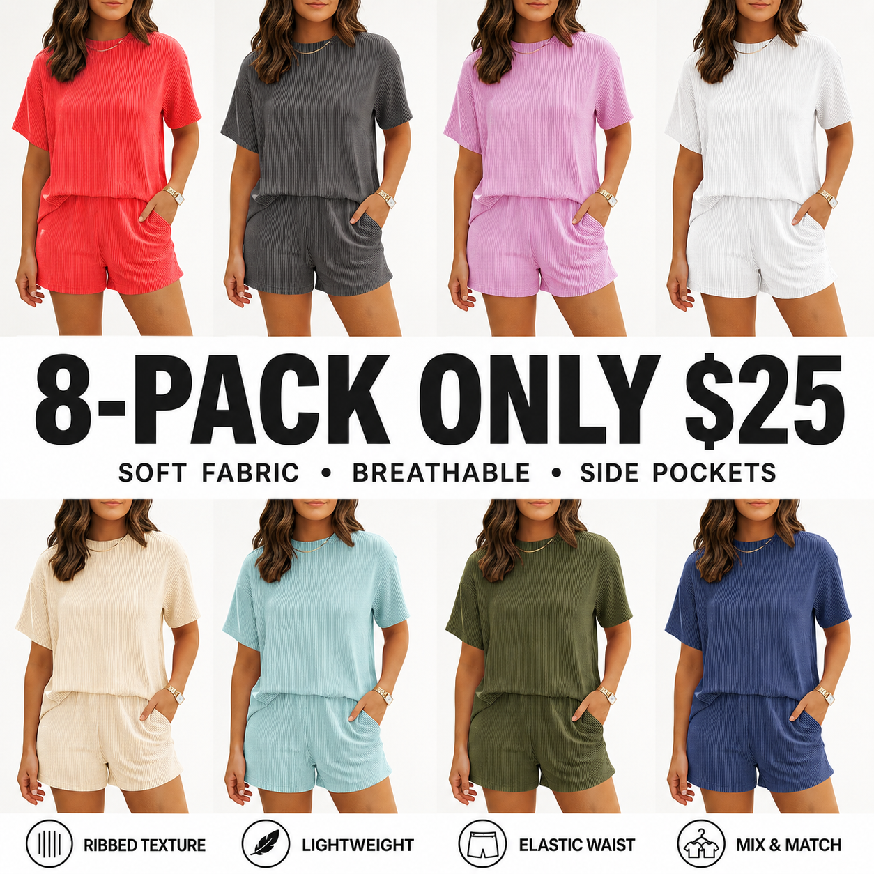 Women's Summer Ribbed Pajama Set with Pockets