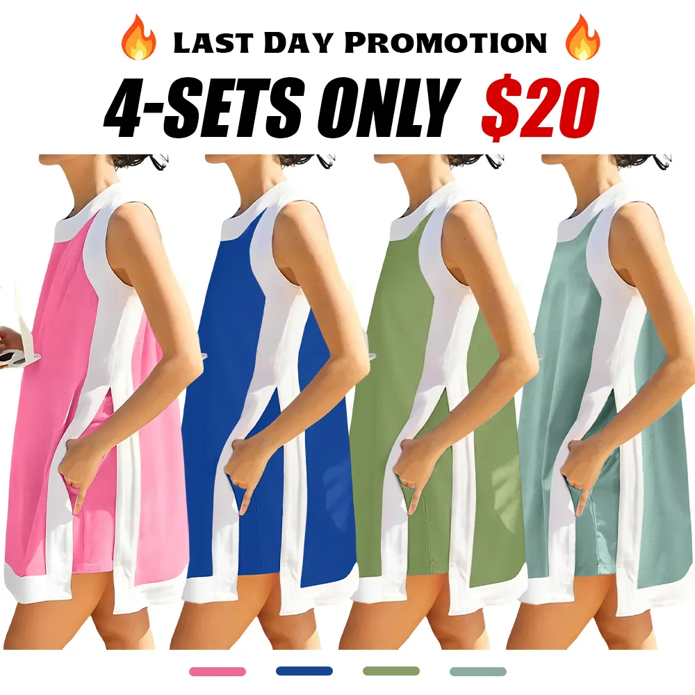 Women's color-blocked crew neck sleeveless pullover with shorts with pockets