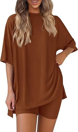 🔥Women's Two Piece Lounge Set 2026 Summer Casual Oversized Shirts Biker Shorts Matching Airport Travel Outfit